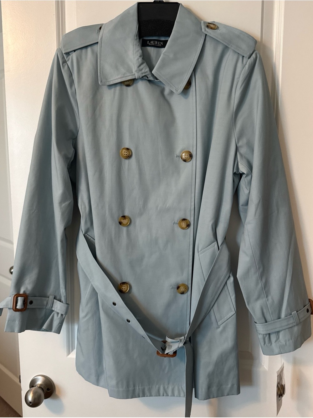 NWT Lauren Ralph Lauren Double-Breasted Belted Trench Coat Kix Aqua Pearl Large